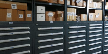 Forklift parts in boxes in a storage area
