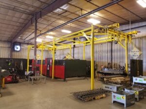 A warehouse outfitted with a crane system.