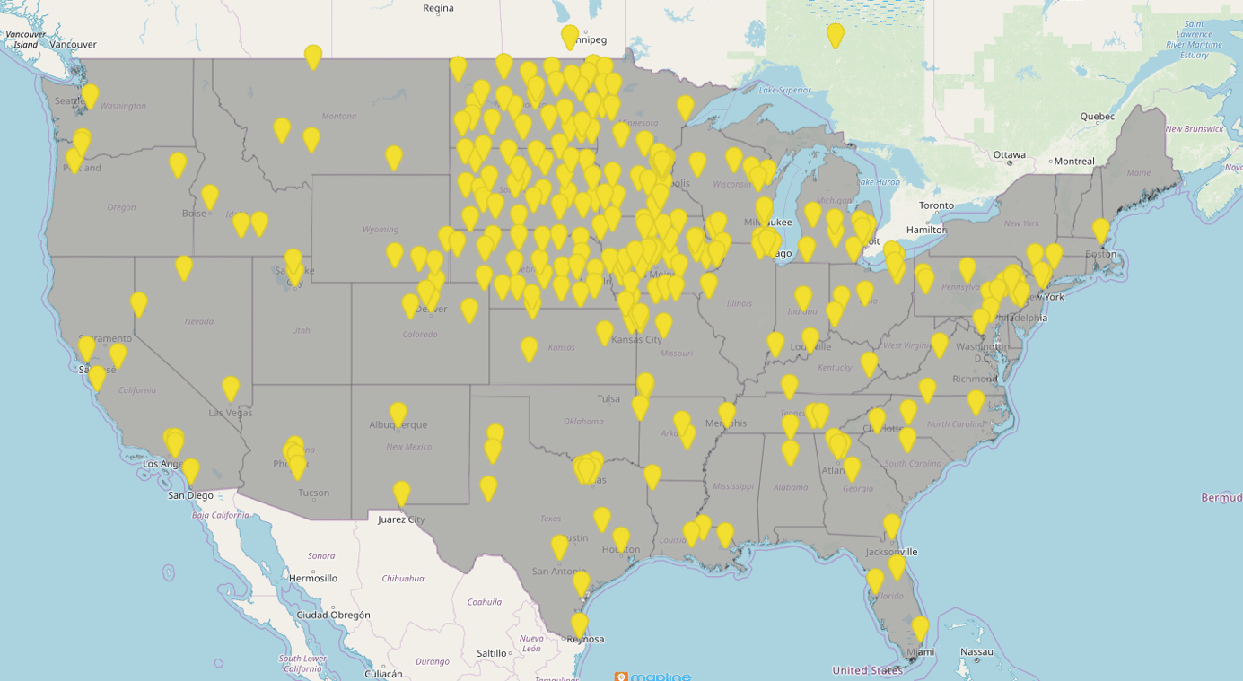 Map of U.S. with Riekes projects identified