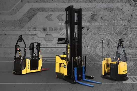 Image showing three different Hyster robotic lifts with a patterned background.