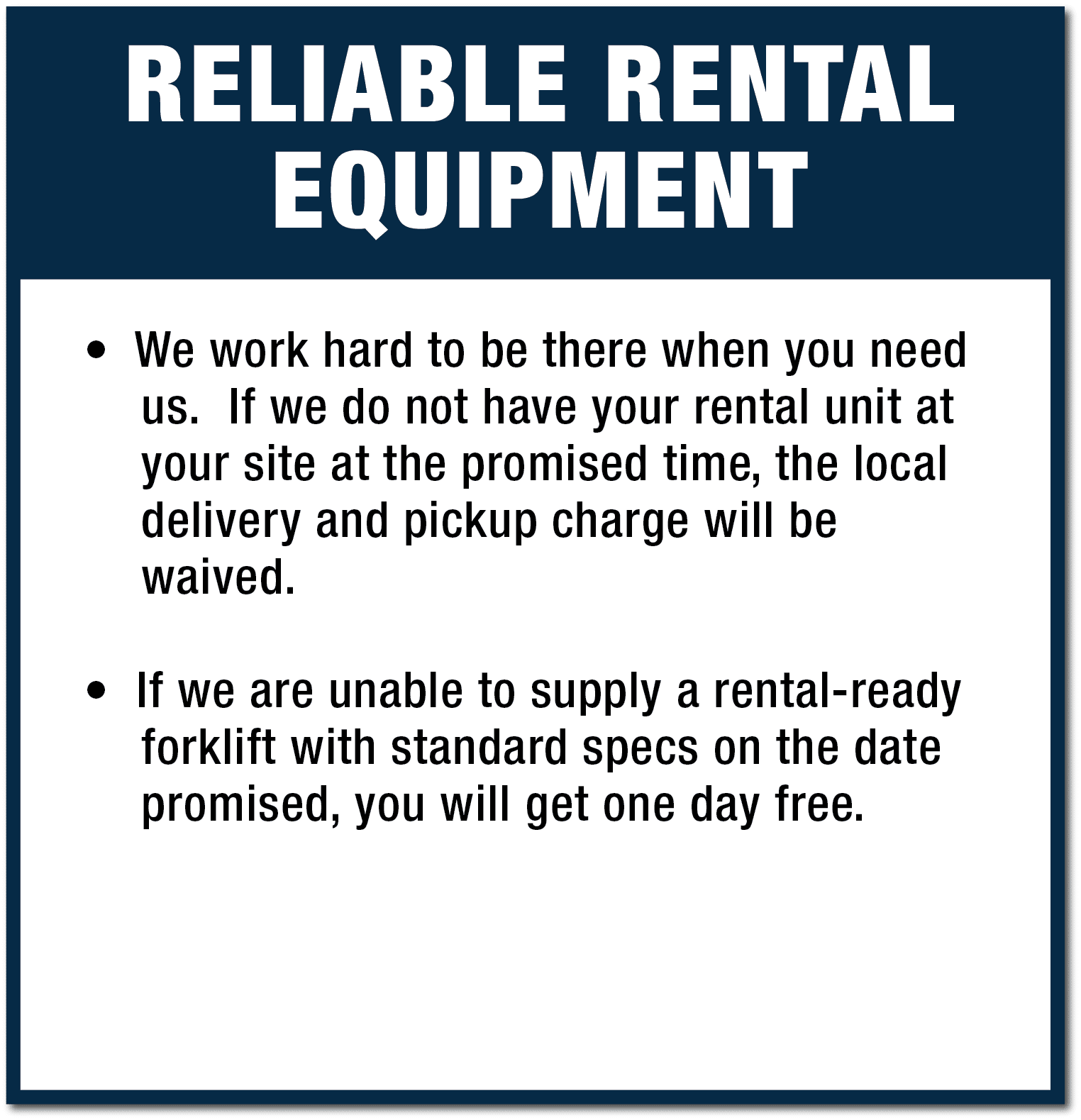 Reliable Rental Equipment, Pillar 5 of Rieke Performance Guarantee