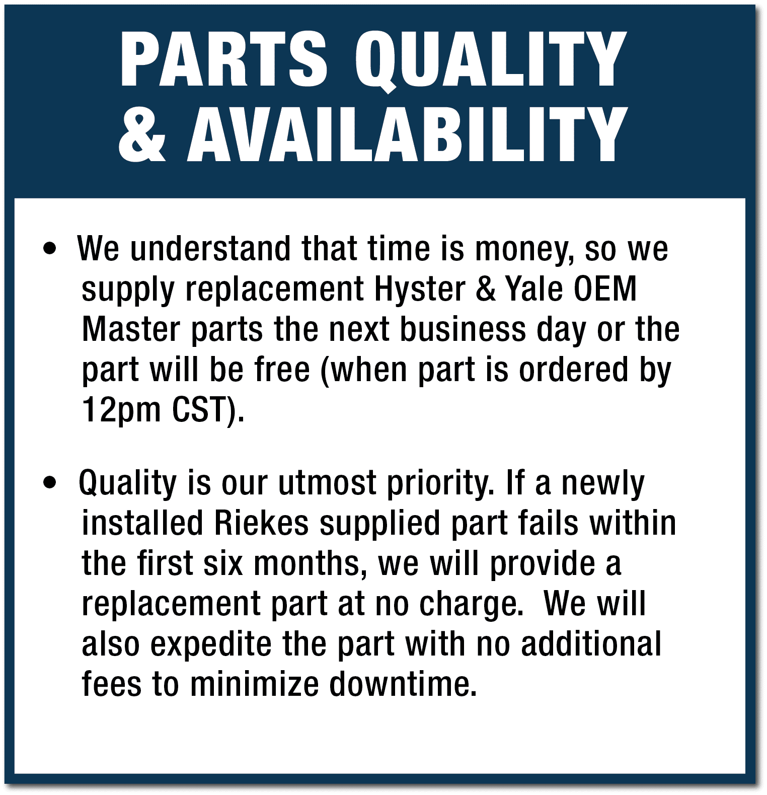 Parts Quality and Availability, Pillar 4 of Rieke Performance Guarantee
