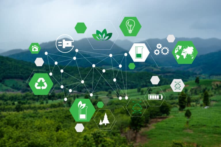 Sustainable technology and nature intertwined causing a fusion of green innovation and lush landscapes.
