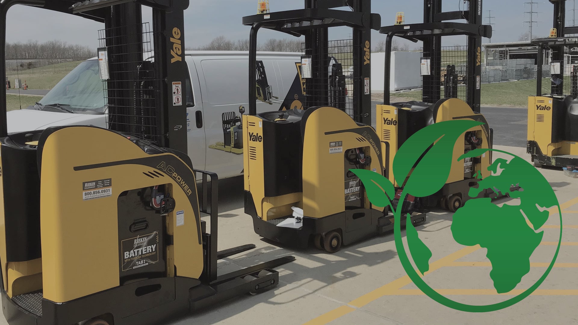 Yale electric reach trucks with Riekes industrial batteries for Earth Day.