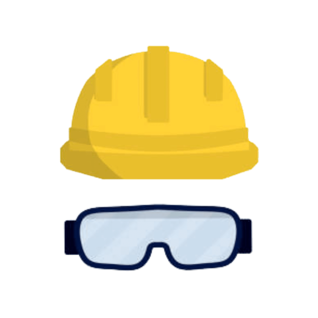 graphic of a yellow hard hat floating above a pair of safety google eyewear.
