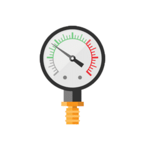 Pressure gauge that has the arrow in the northwest corner in the green section. Indicator is not to the far right in the red.