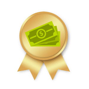 Graphic of a gold medal with three dollars stacked on top of each other in the center.