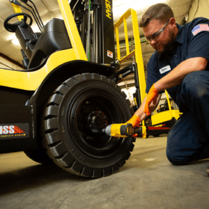 Technician holding a drill that is securing bolts on a tire of a yellow forklift in a warehouse.