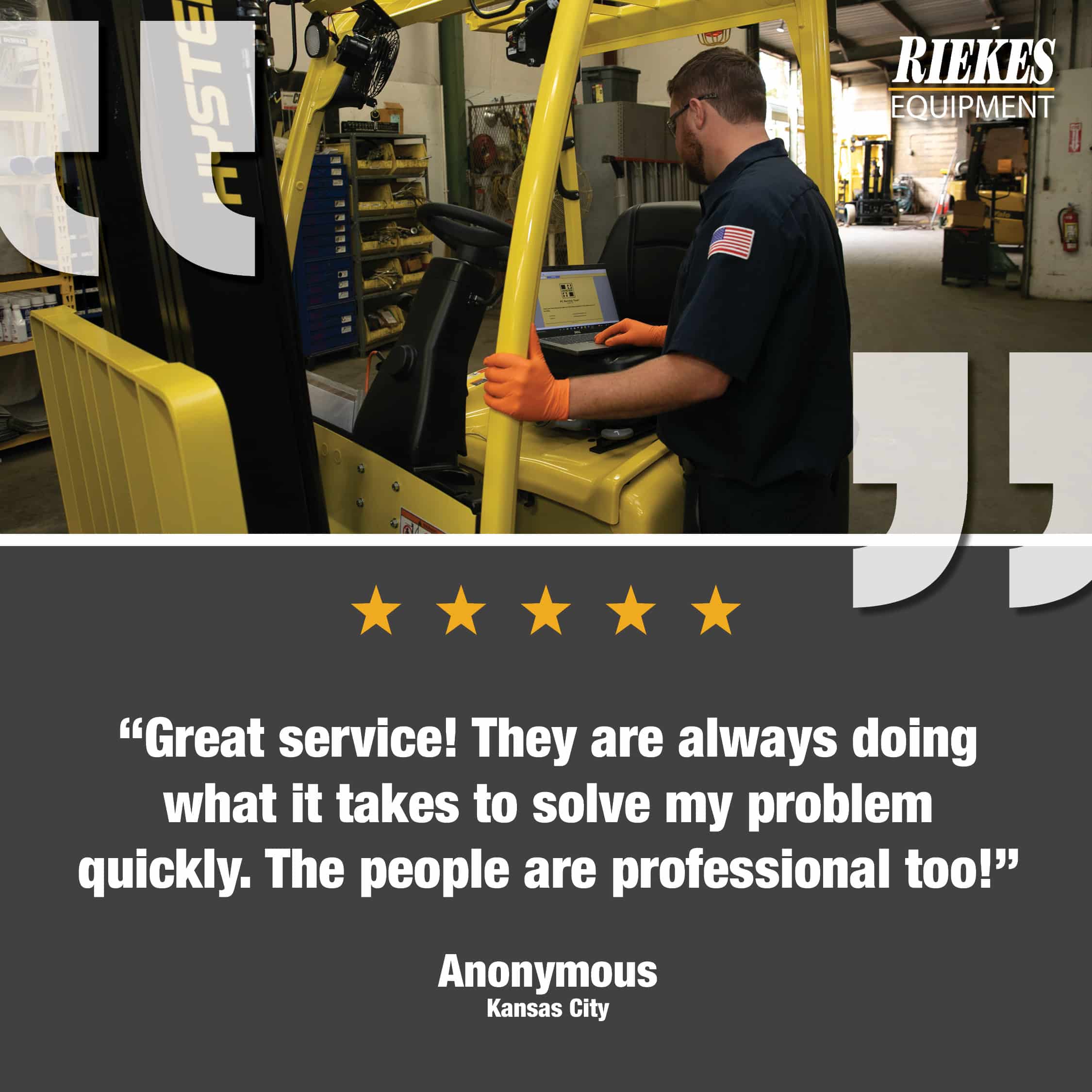 Customer review box that has a quote from a customer in Kansas City stating, "Great service! They are always doing what it takes to solve my problem quickly. The people are professional too!"