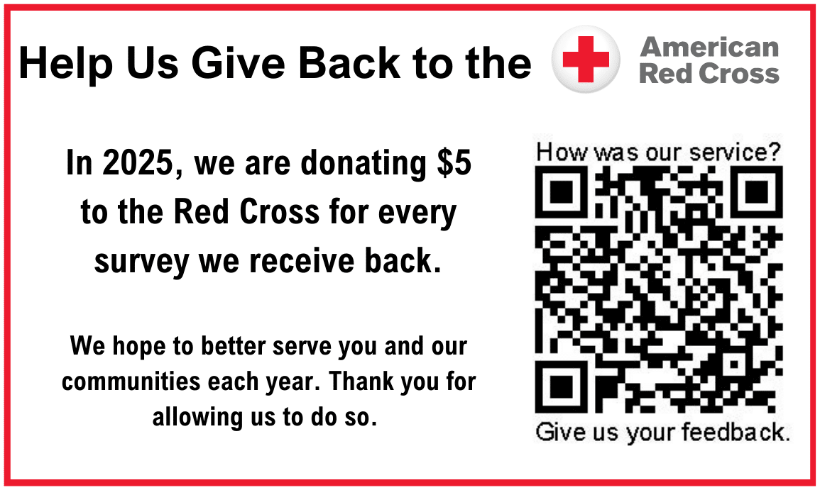 Image showing a QR code that links to a survey and when someone submits a survey, Riekes gives back $5 to The American Red Cross.