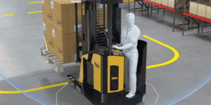 forklift with an invisible force field of safety around it provided by Reliant technology