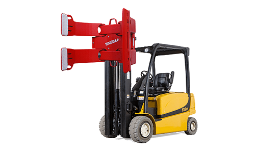 Yale Electric Motor 4 Wheel Sit Down Pneumatic Tire Forklift with a Bolzoni Auramo paper roll clamp attachment.