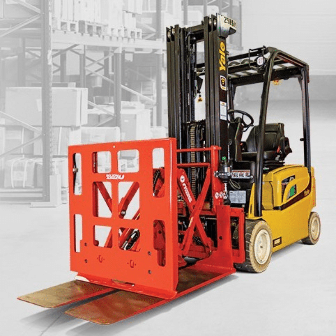 A Yale yellow forklift with a red push-pull attachment on the mast for the forks.