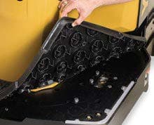 A close-up image of the platform cushion being pulled up on a Yale End Rider.