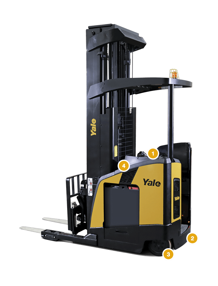 Image of a Yale Narrow Aisle Reach Truck showcasing 4 points on the machine.