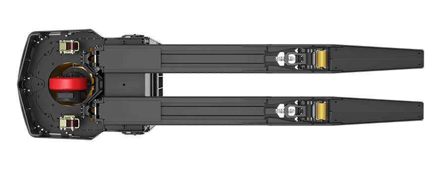 Image of the underframe of a Hyster Yale Group End Rider to show wheels and mechanics of this machine.