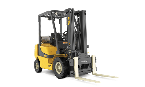 Yale ICE Counterbalance Pneumatic Tire Forklift with a Bolzoni Auramo rotator attachment.