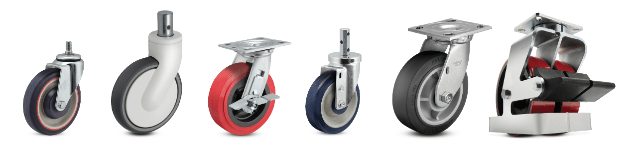 An image showcasing the different caster assemblies in a row.