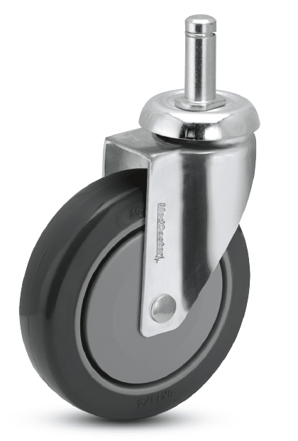 Image showcasing a fastening on a caster that has a steel ring compressing on a metal stem, creating friction to keep the caster attached.
