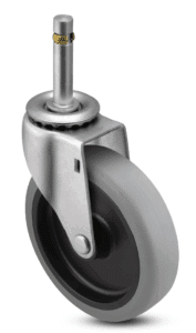 Image showcasing a fastening on a caster that has a metal band that compresses against a metal stem, creating friction to keep the caster attached.