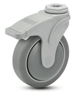 Image showcasing a fastening on a caster that allows user-supplied bolt to attach caster to unit with an open fastening. This is called a Hollow Kingpin.
