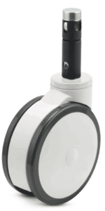 Image showcasing a central lock fastening on a caster used in medical facilities.