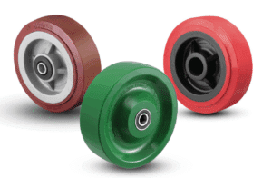 Three polyurethane caster tires in different styles.