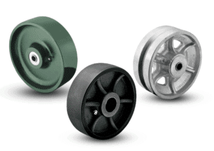 Three metal caster tires in different styles and colors, such as green, black, and silver.