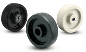 Three polypropylene caster tires in black, grey, and white options.
