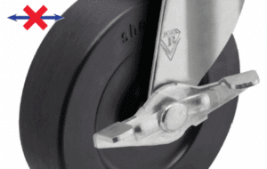 Image of a friction brake on a caster that prevents lateral motion by having a brake mechanism press against the caster leg, creating friction against the wheel hub.