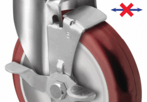 Image of a side/top lock brake on a caster that prevents lateral motion by engaging an arm to create positive locking force against the wheel tread.
