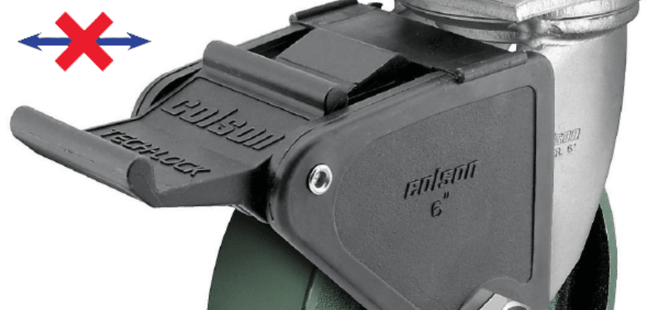 Image of a face brake on a caster that prevents lateral motion by engaging through interaction with the face of the wheel.