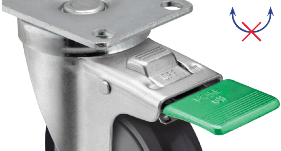 Image of a direction lock brake on a caster that prevents swivel motion by the springs engaging the lower raceway washer. Caster can still move laterally in locked direction.