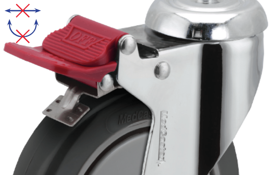 Image of a total lock brake on a caster that prevents any motion by the springs engaging with the wheel tread and lowering the raceway washer to prevent any motion.