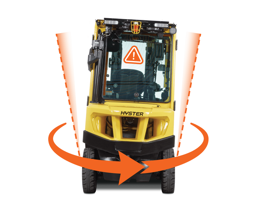 A forklift with arrows showing potential for instability
