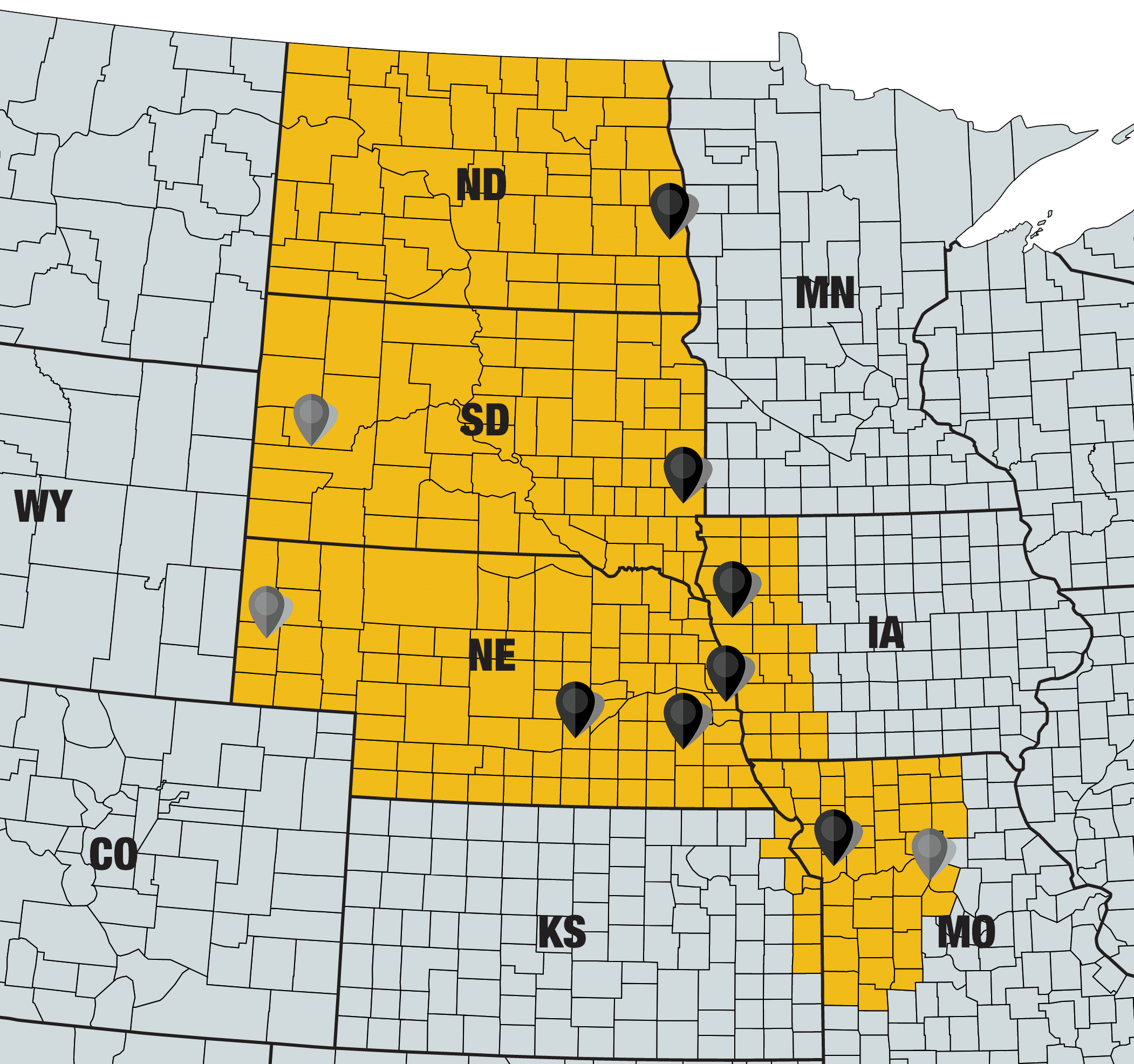 Grayscale map highlights the Riekes service area in yellow