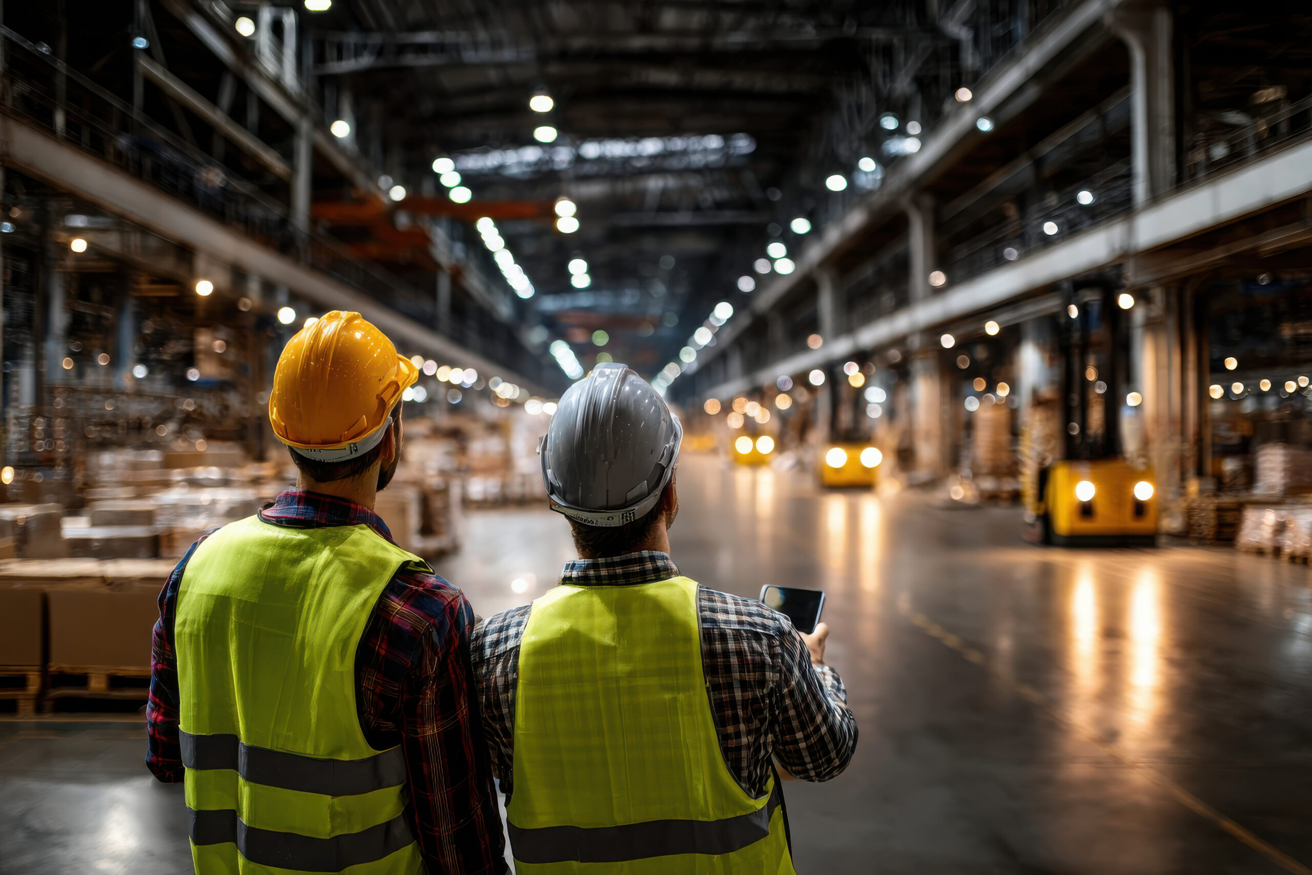 Two warehouse employees in yellow safety vests discussing training while they overlook forklifts and racking