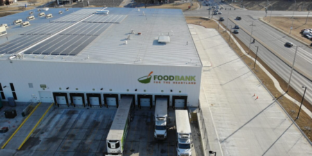an aerial shot of the new Foodbank for the Heartland building showcasing the side of the building that has 9 dock doors.