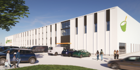 Rendition of the new Foodbank of the Heartland building using AI. Viewer sees a large warehouse building with a parking lot of cars and people walking in and out of the building.